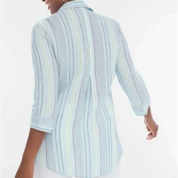 Chico's No Iron Linen Striped Button Front Shirt Size Large / 2 Blue Beachy - Picture 7 of 11